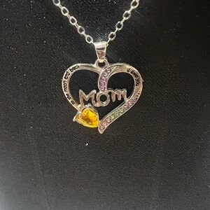 Silver NWOT Heart 'Mom' Pendant Necklace with Yellow and Purple Accents